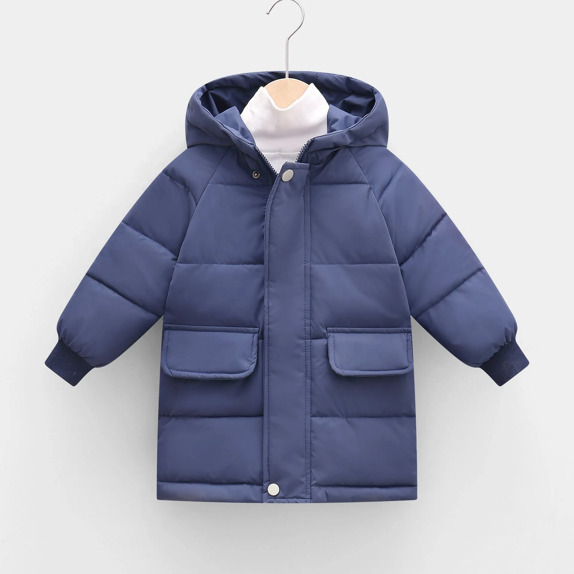 Children's mid-length hooded thickened jacket in polyester fibre with zipper, available in multiple colours