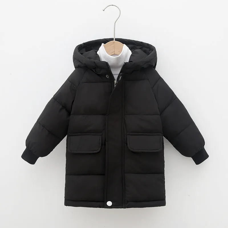 Children's mid-length hooded thickened jacket in polyester fibre with zipper, available in multiple colours