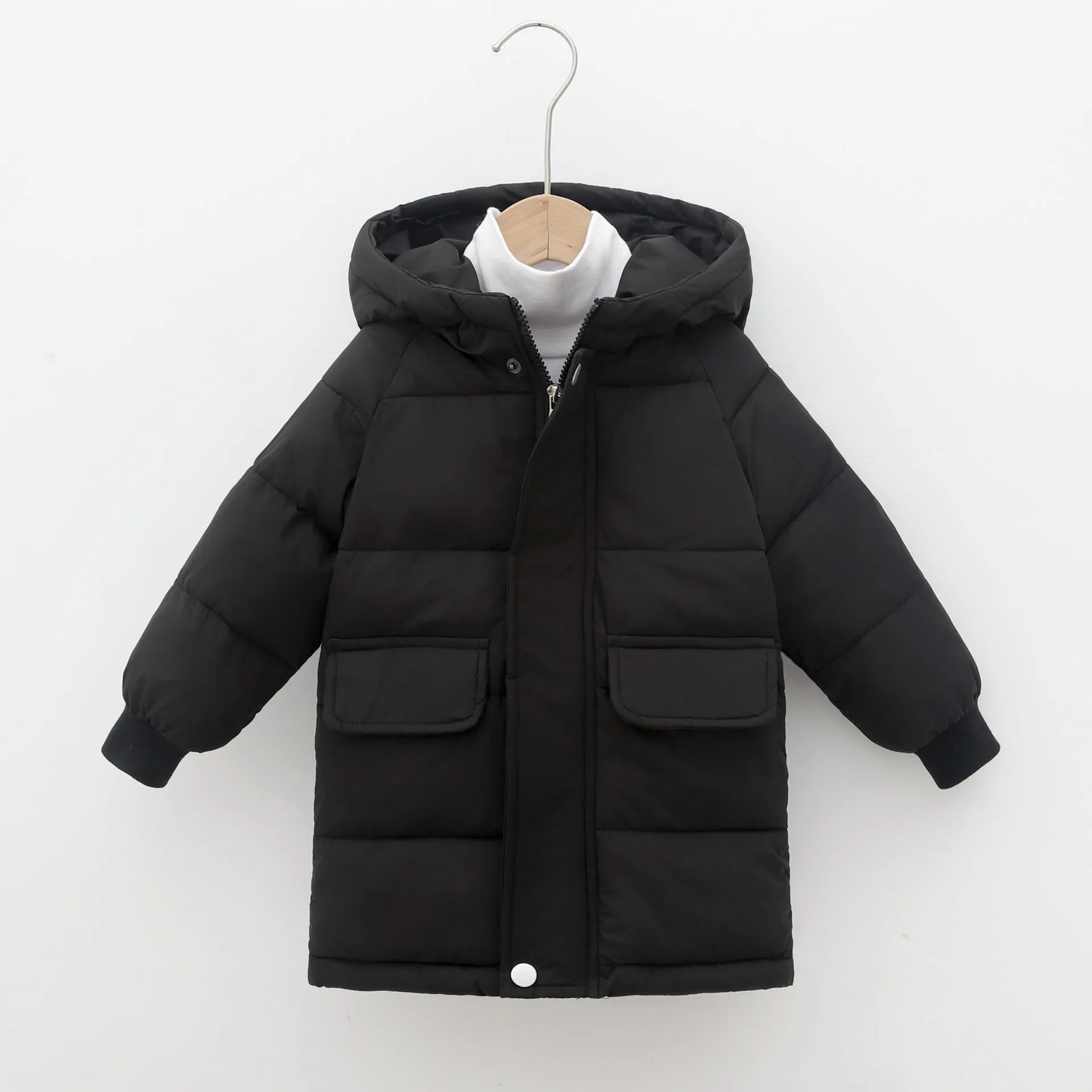 Children's mid-length hooded thickened jacket in polyester fibre with zipper, available in multiple colours