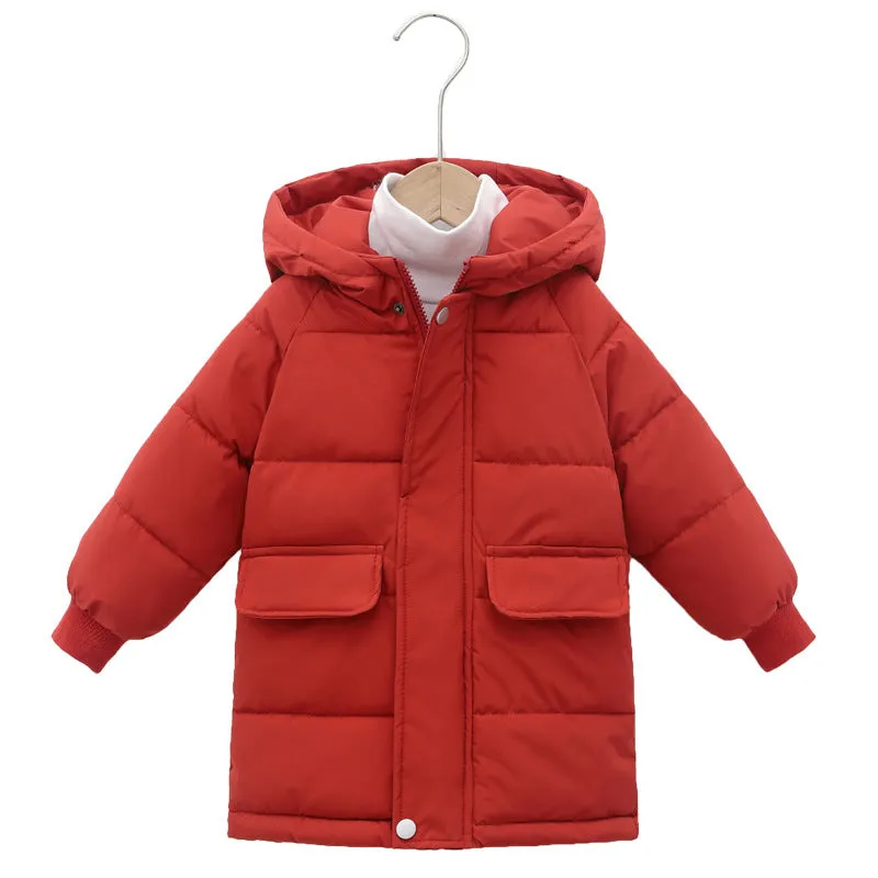 Children's mid-length hooded thickened jacket in polyester fibre with zipper, available in multiple colours