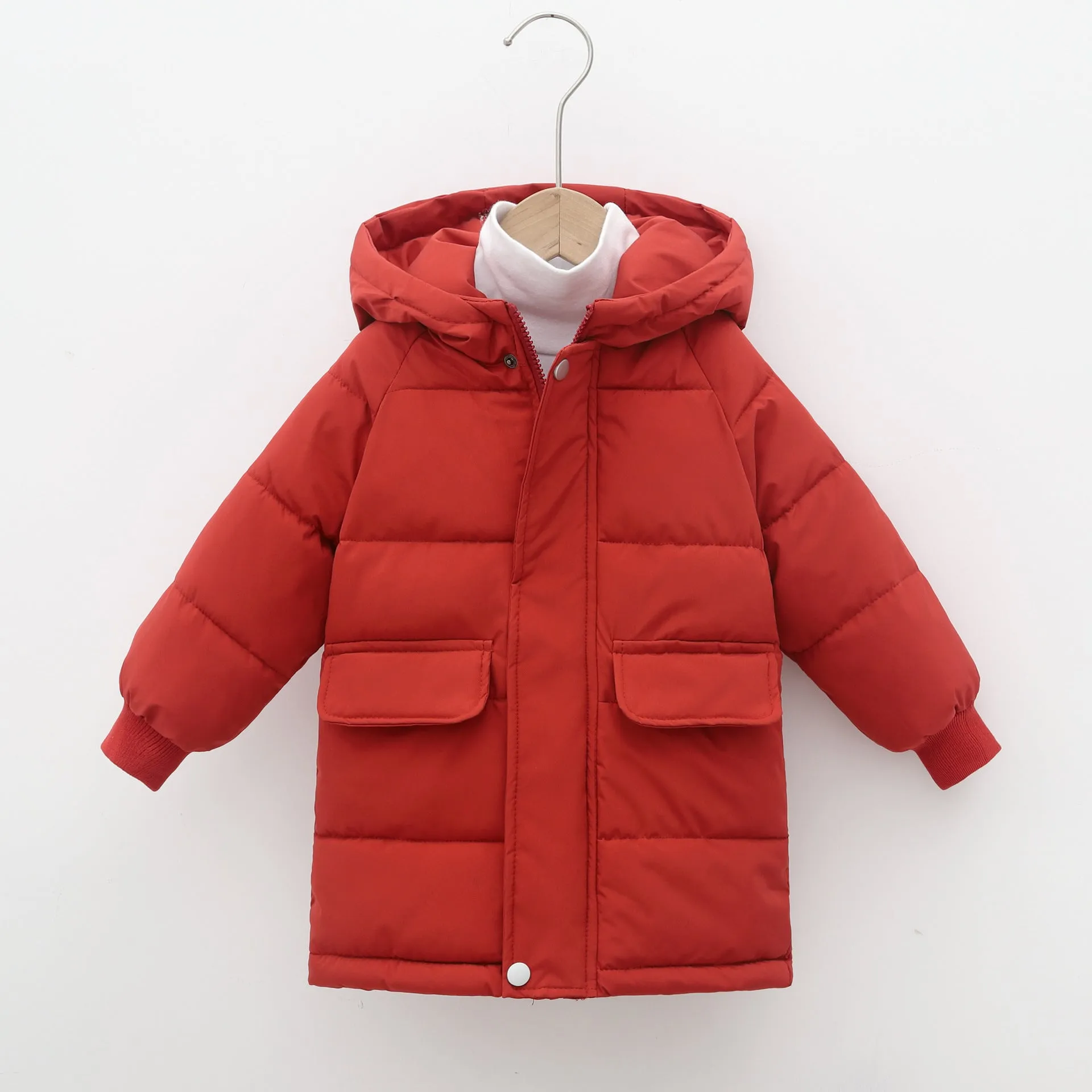 Children's mid-length hooded thickened jacket in polyester fibre with zipper, available in multiple colours