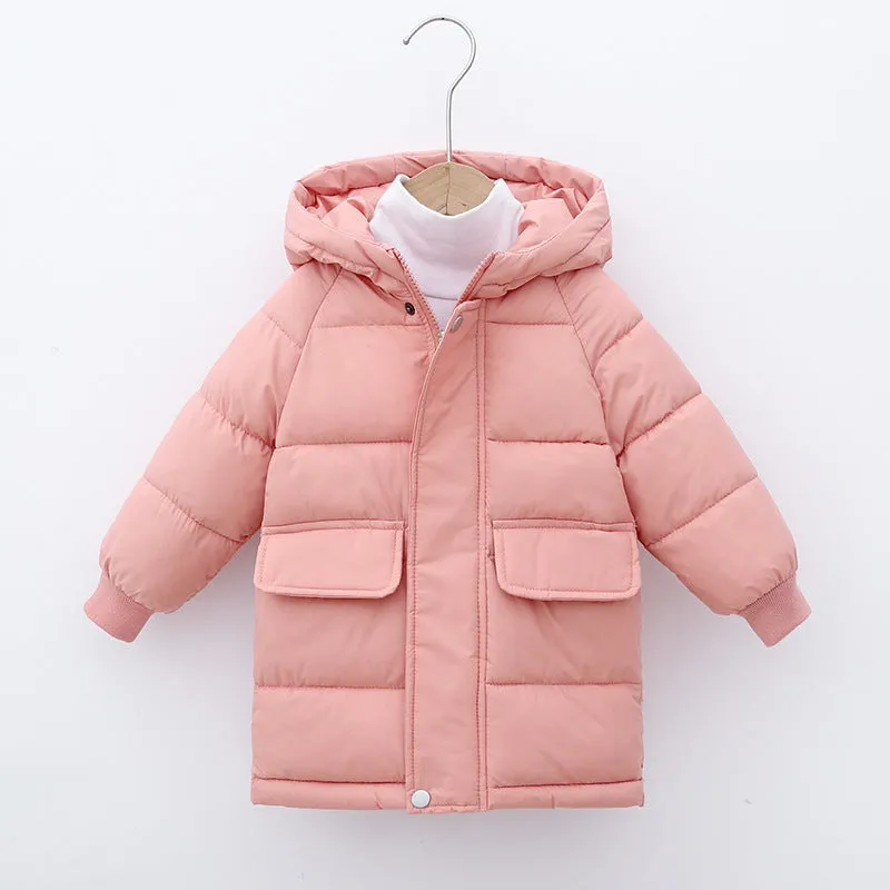 Children's mid-length hooded thickened jacket in polyester fibre with zipper, available in multiple colours