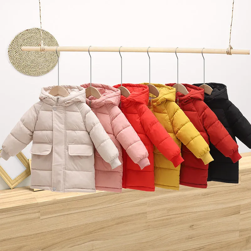 Children's mid-length hooded thickened jacket in polyester fibre with zipper, available in multiple colours