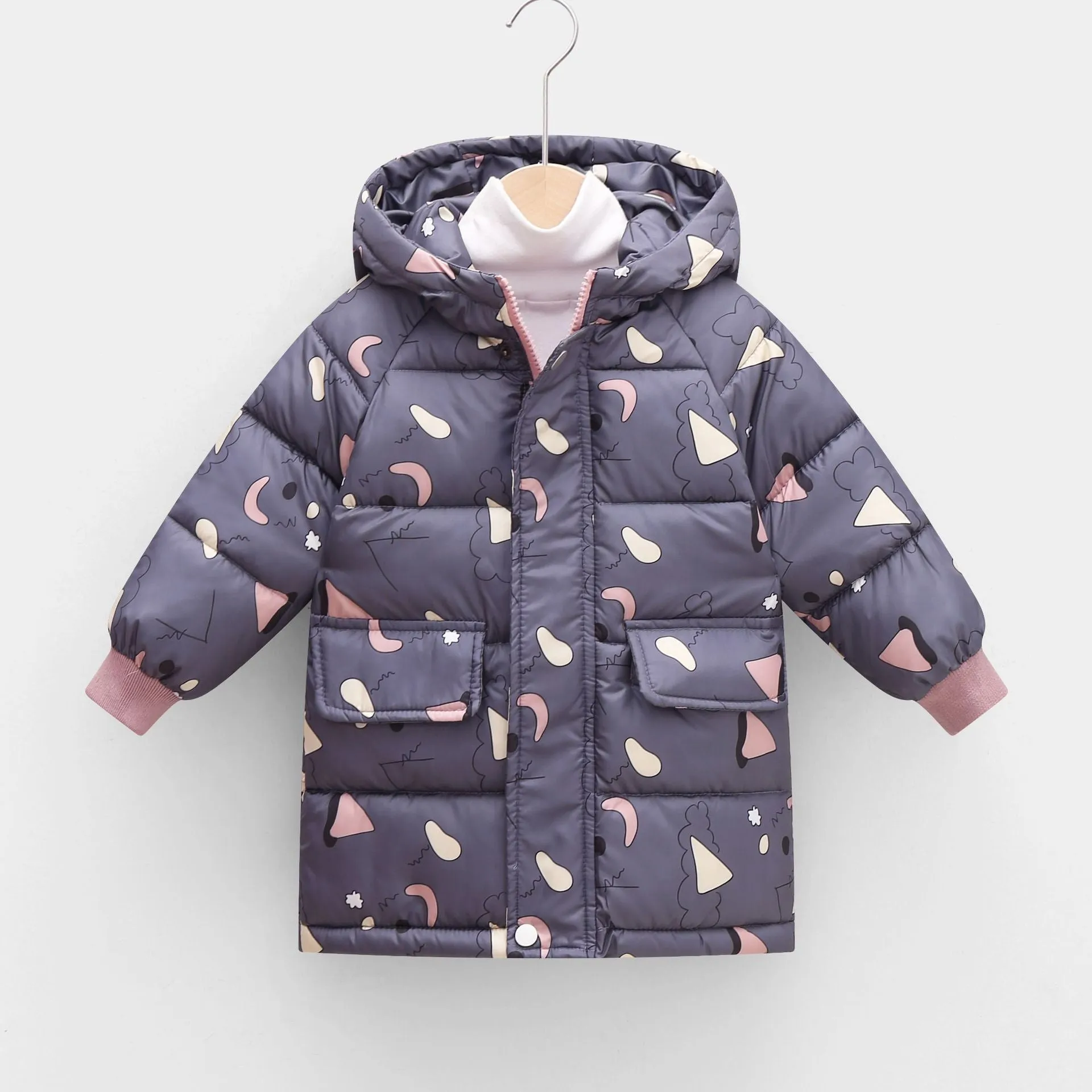 Children's mid-length hooded thickened jacket in polyester fibre with zipper, available in multiple colours
