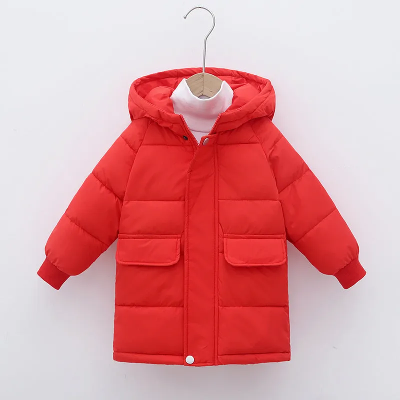 Children's mid-length hooded thickened jacket in polyester fibre with zipper, available in multiple colours