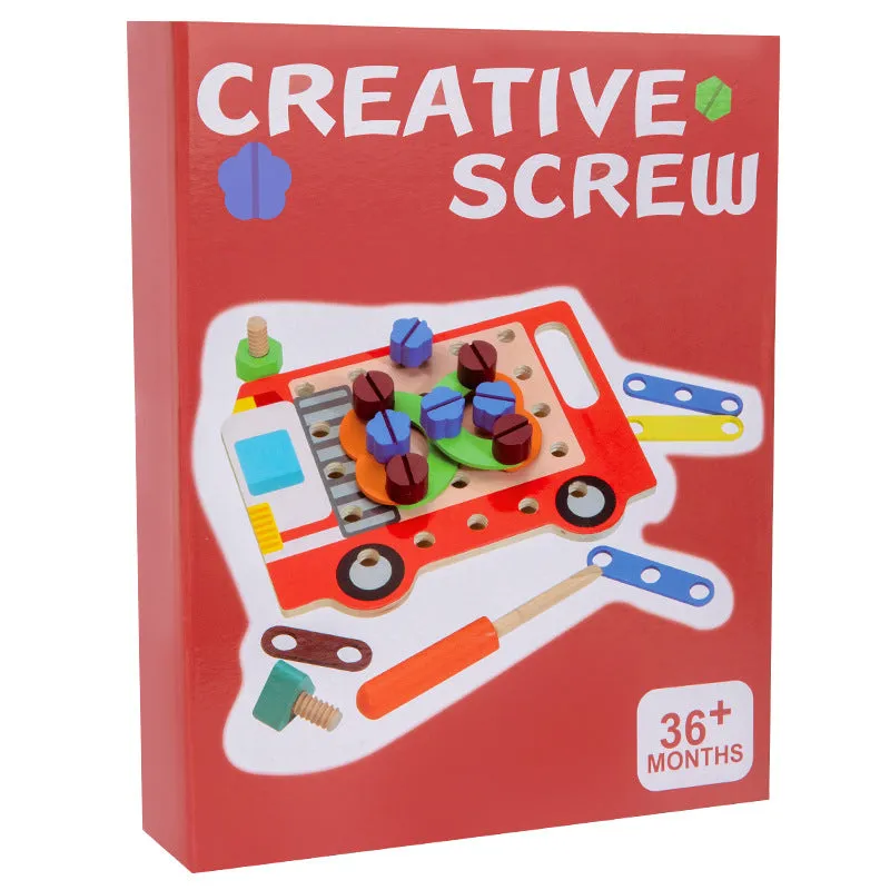 Children twist screws changeable shape matching wooden puzzle in colourful design