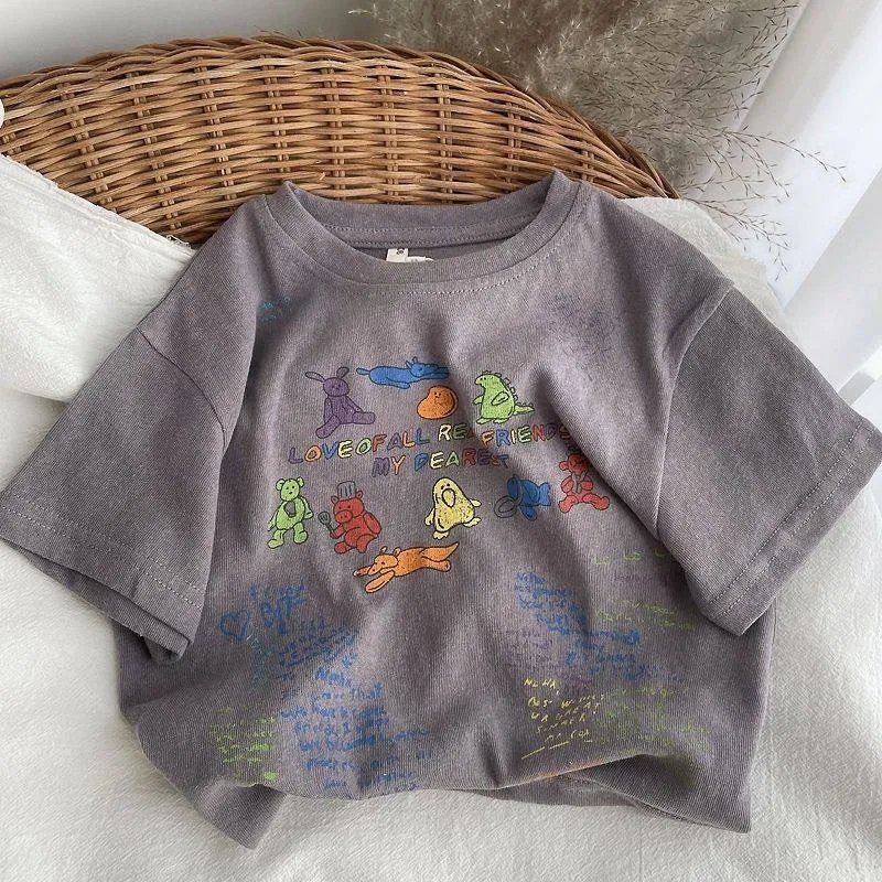 Summer boys and girls short-sleeved cotton T-shirt in Cartoon Gray and White, sizes 80-140cm