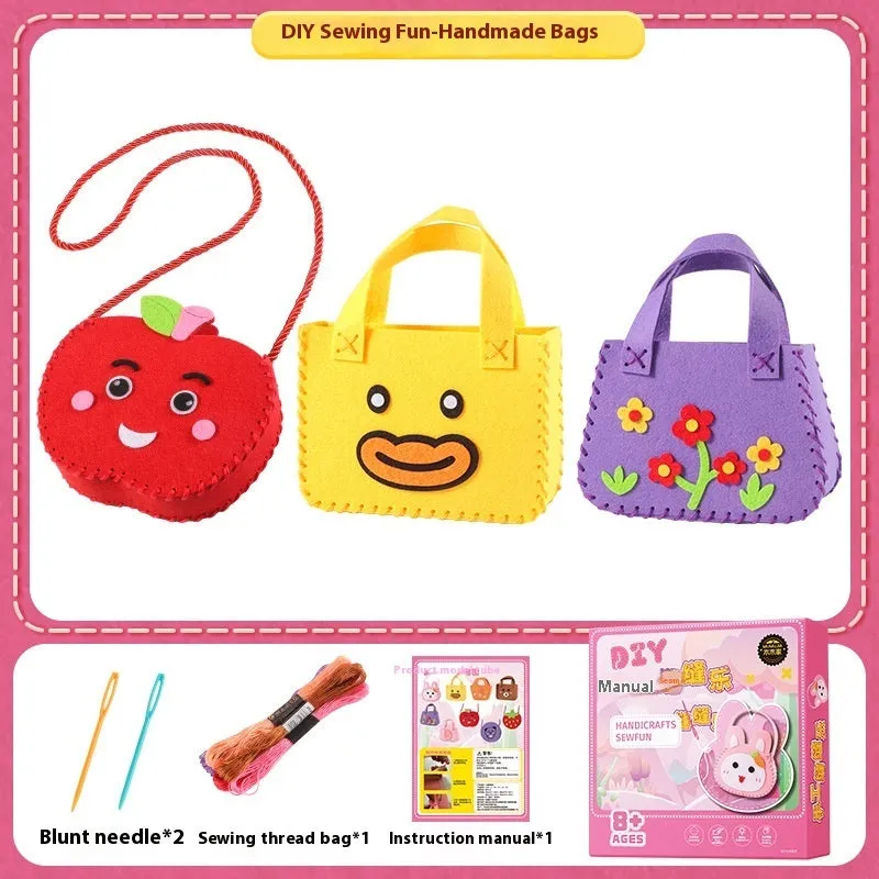 Children's non-woven sewing kit with music theme, cloth pieces, and tools in a colour box measuring 19.5x16x5cm