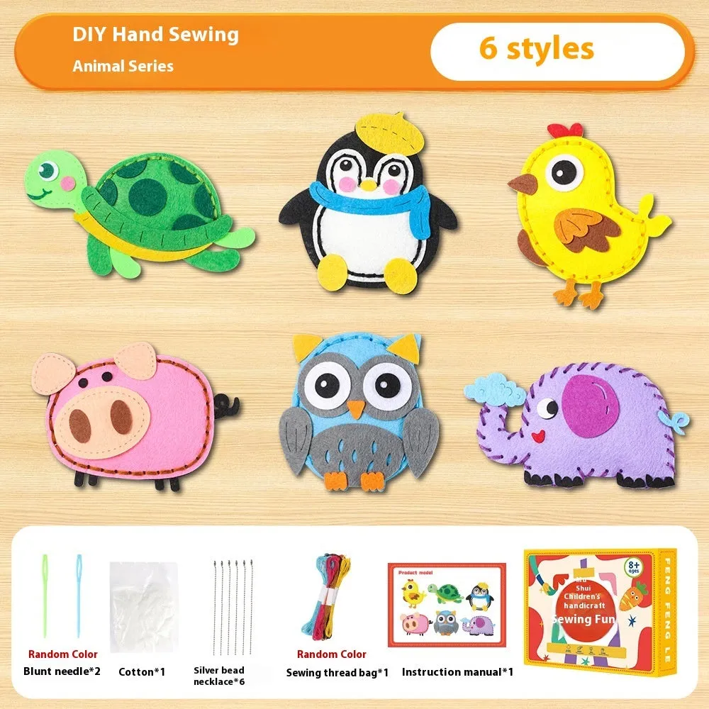 Children's non-woven sewing kit with music theme, cloth pieces, and tools in a colour box measuring 19.5x16x5cm