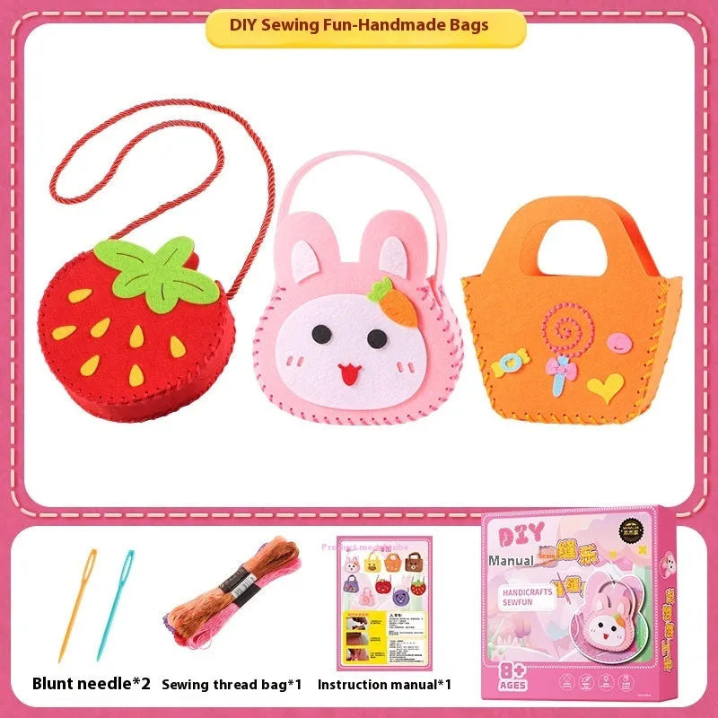 Children's non-woven sewing kit with music theme, cloth pieces, and tools in a colour box measuring 19.5x16x5cm