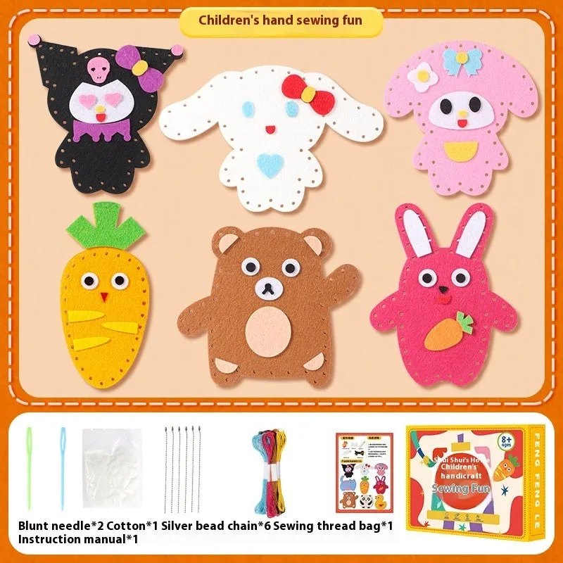 Children's non-woven sewing kit with music theme, cloth pieces, and tools in a colour box measuring 19.5x16x5cm