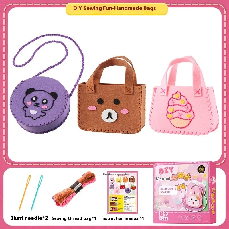 Children's non-woven sewing kit with music theme, cloth pieces, and tools in a colour box measuring 19.5x16x5cm