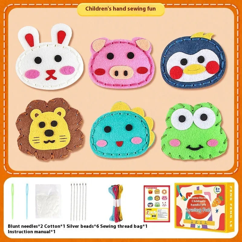 Children's non-woven sewing kit with music theme, cloth pieces, and tools in a colour box measuring 19.5x16x5cm
