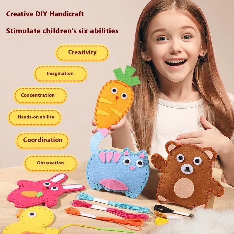 Children's non-woven sewing kit with music theme, cloth pieces, and tools in a colour box measuring 19.5x16x5cm