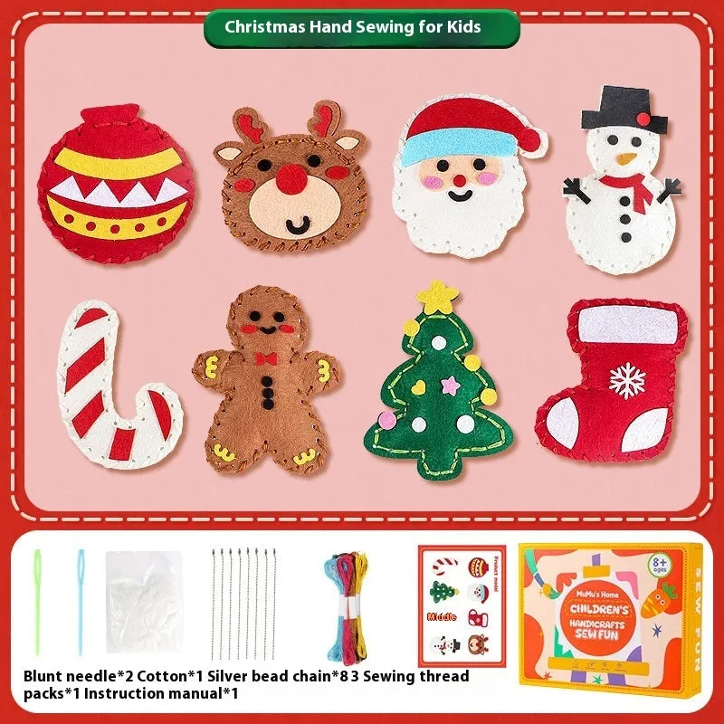 Children's non-woven sewing kit with music theme, cloth pieces, and tools in a colour box measuring 19.5x16x5cm