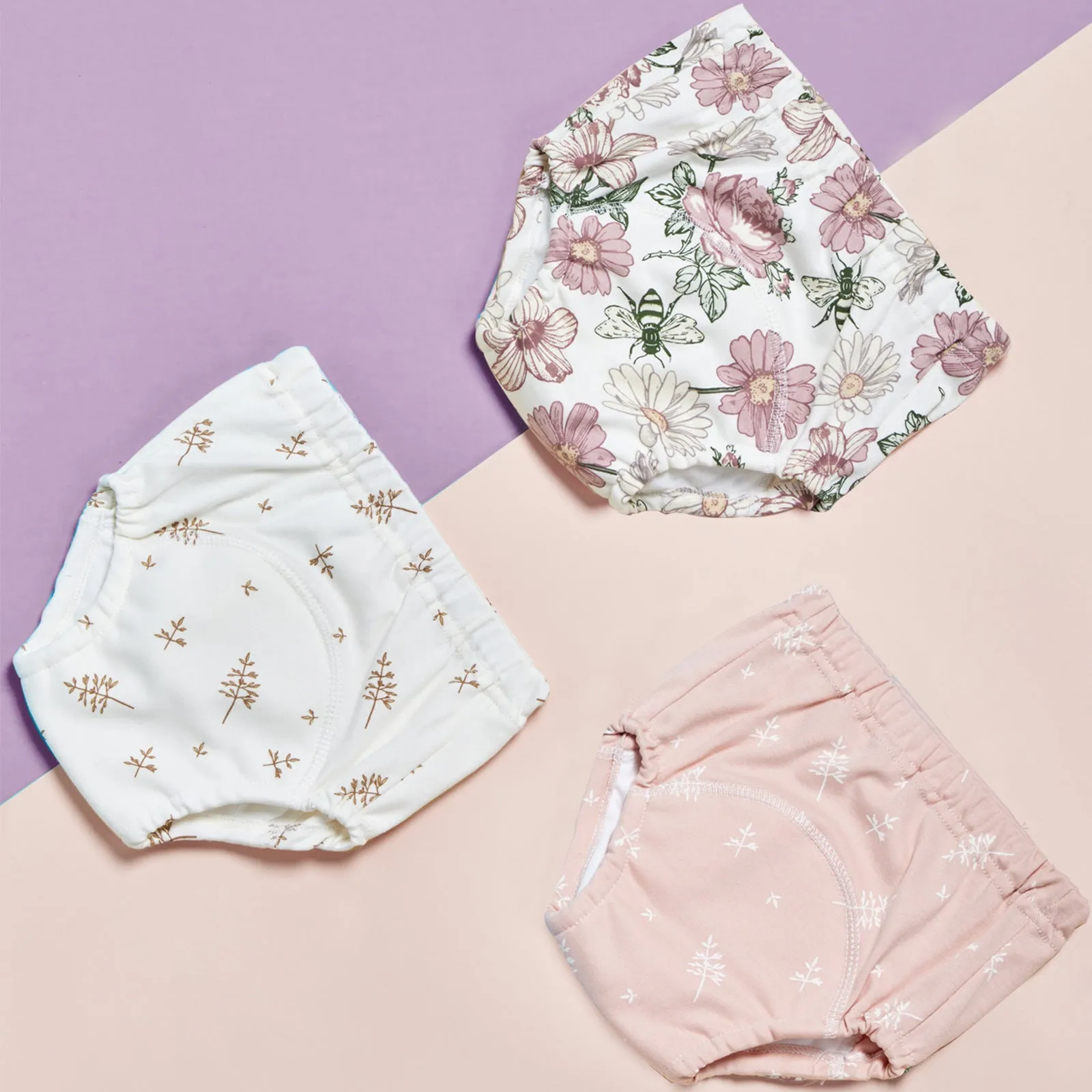 Pure cotton gauze baby training pants 3 pack in Bee series with soft elastic waist and leg openings
