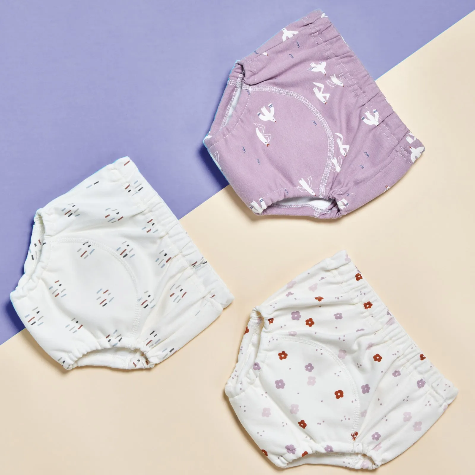Pure cotton gauze baby training pants 3 pack in Bee series with soft elastic waist and leg openings