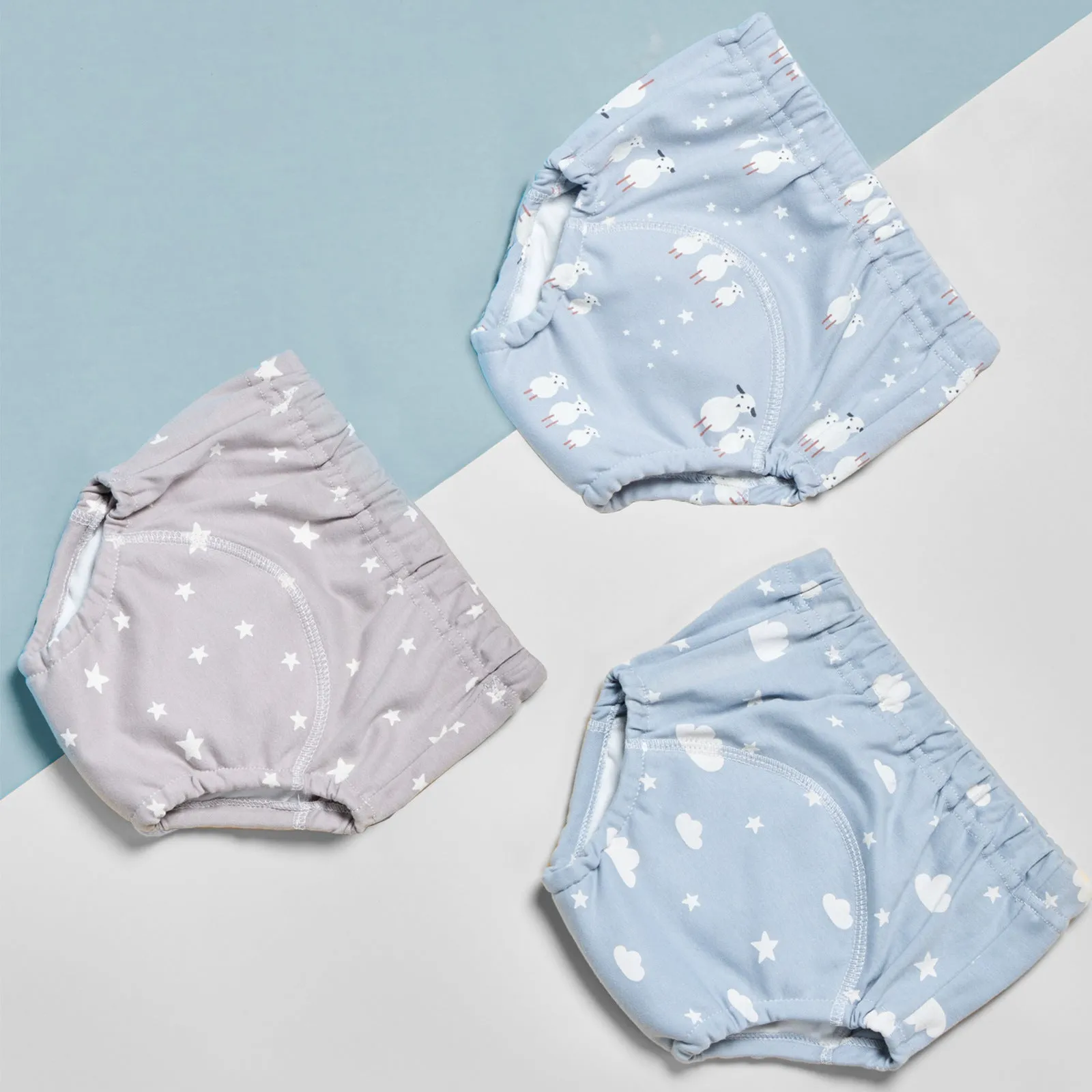 Pure cotton gauze baby training pants 3 pack in Bee series with soft elastic waist and leg openings
