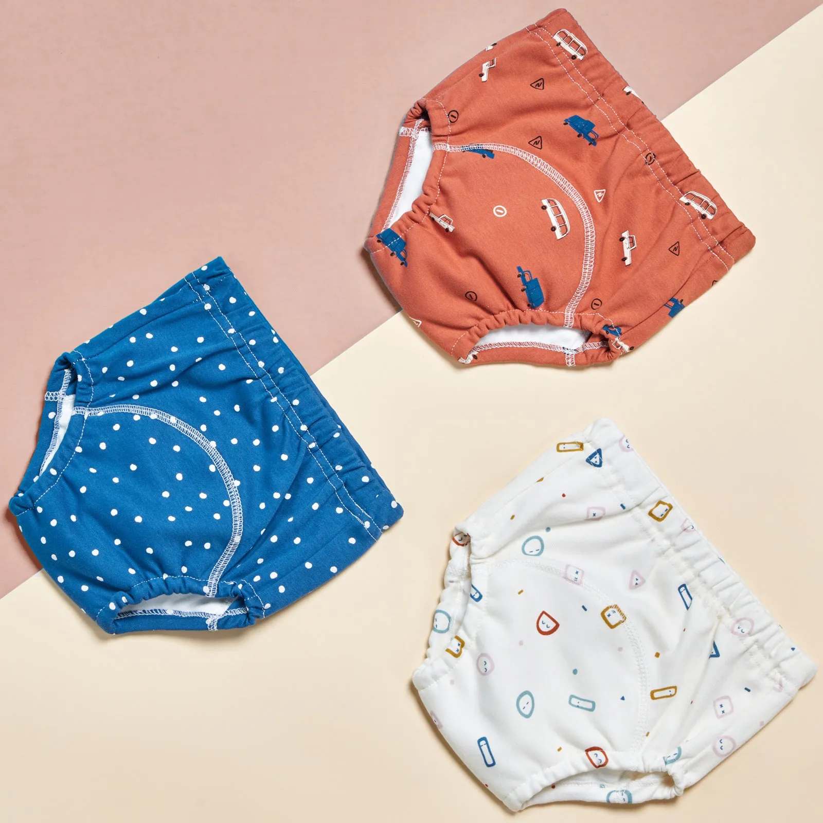 Pure cotton gauze baby training pants 3 pack in Bee series with soft elastic waist and leg openings