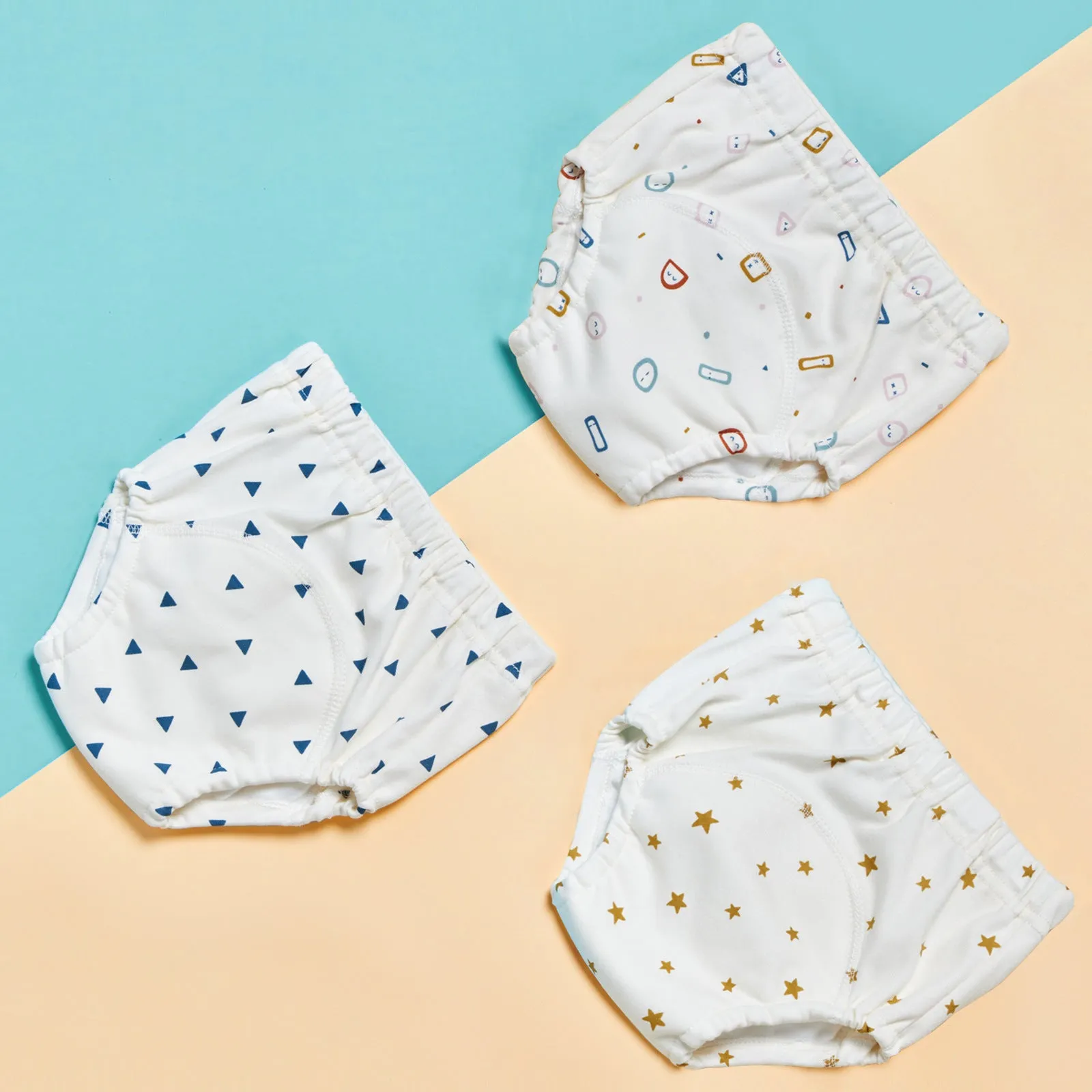 Pure cotton gauze baby training pants 3 pack in Bee series with soft elastic waist and leg openings