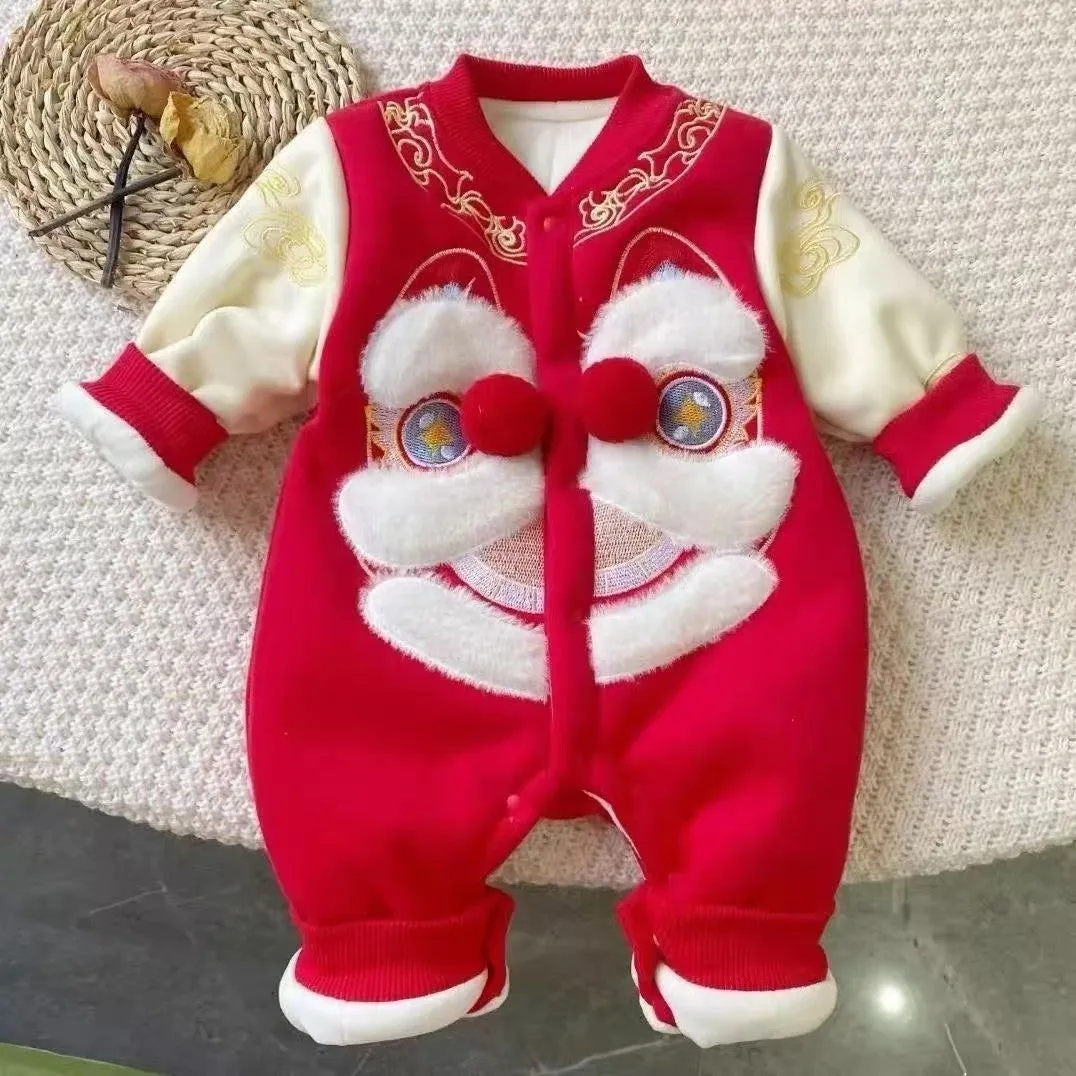 Red embroidered lion dance costume with velvet and cotton on display showing long climbing style
