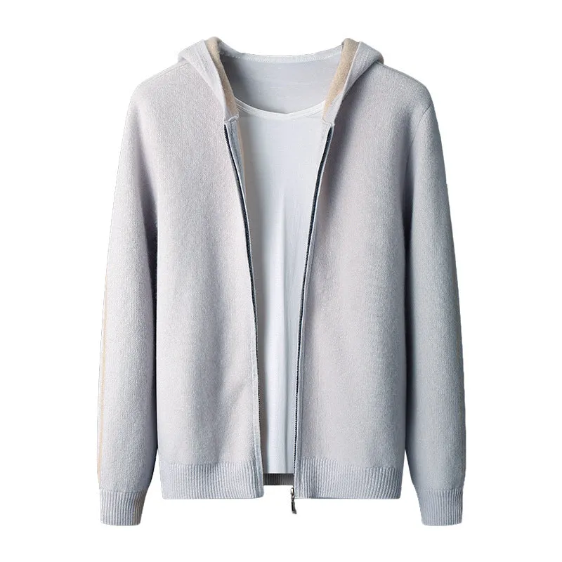 Dark blue men's loose-fit cashmere zip cardigan with a half-high collar, shown on a model.
