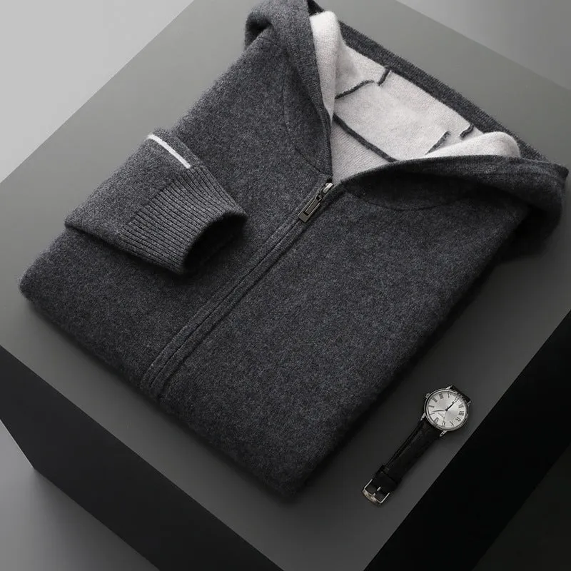 Dark blue men's loose-fit cashmere zip cardigan with a half-high collar, shown on a model.