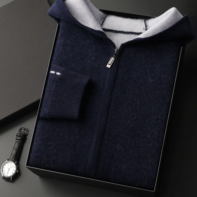 Dark blue men's loose-fit cashmere zip cardigan with a half-high collar, shown on a model.