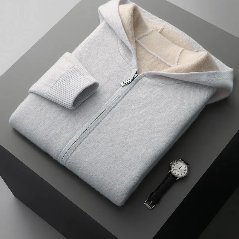 Dark blue men's loose-fit cashmere zip cardigan with a half-high collar, shown on a model.