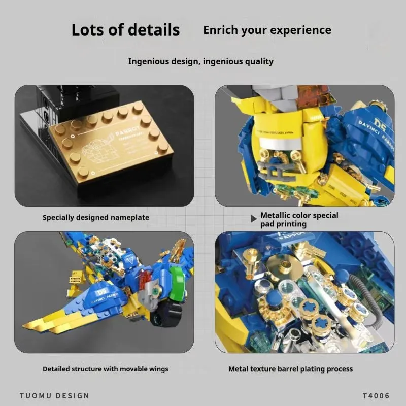 Macaw steampunk style mechanical building blocks educational toy, small particle plastic model kit, 27x19x8cm colour box packaging