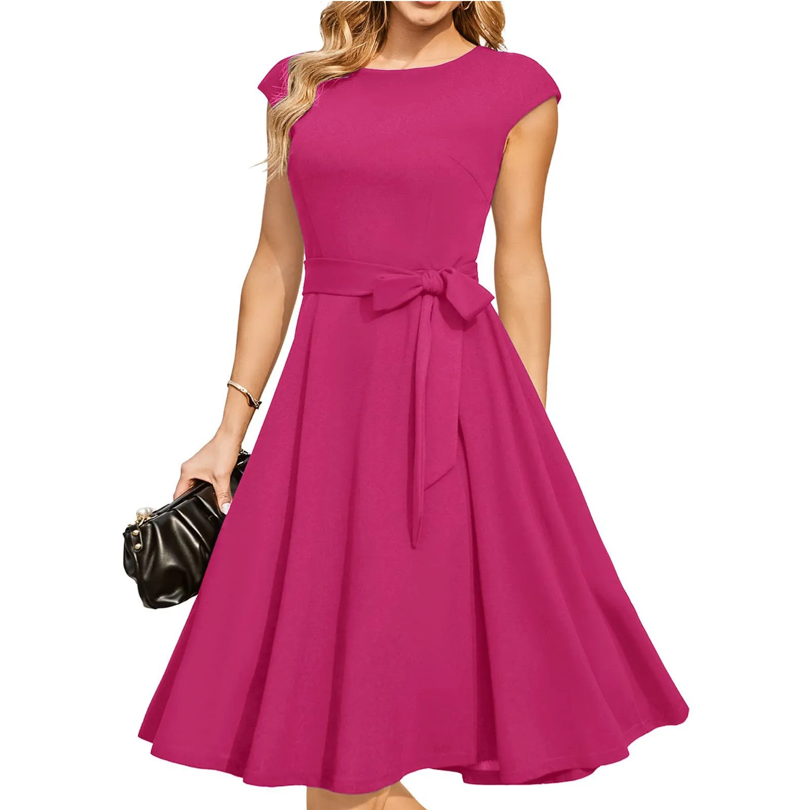 Sleeveless black party dress with lace-up waist detail and oversized swing skirt mid-length design