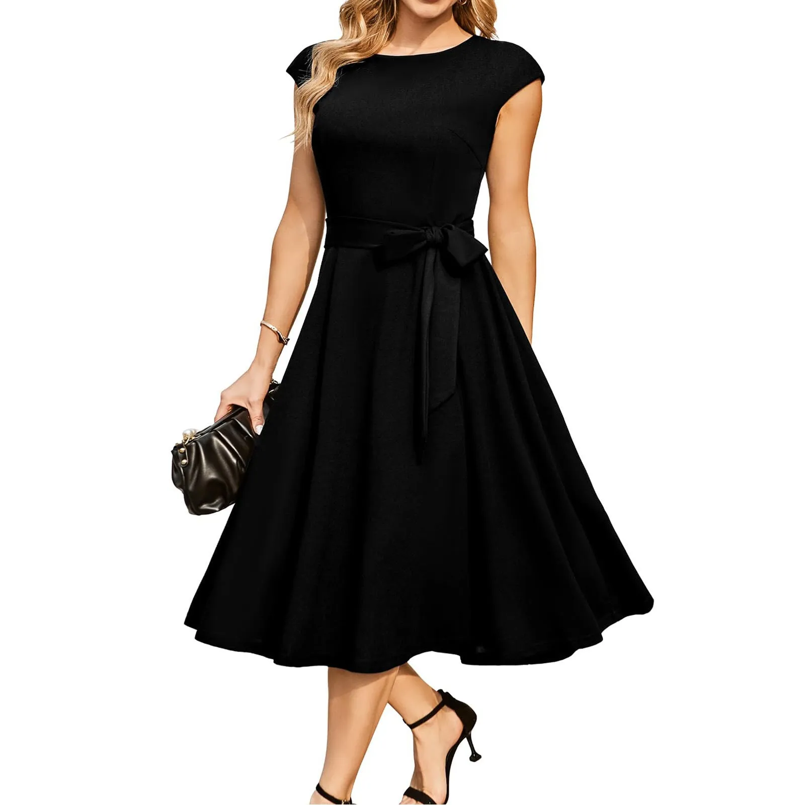 Sleeveless black party dress with lace-up waist detail and oversized swing skirt mid-length design