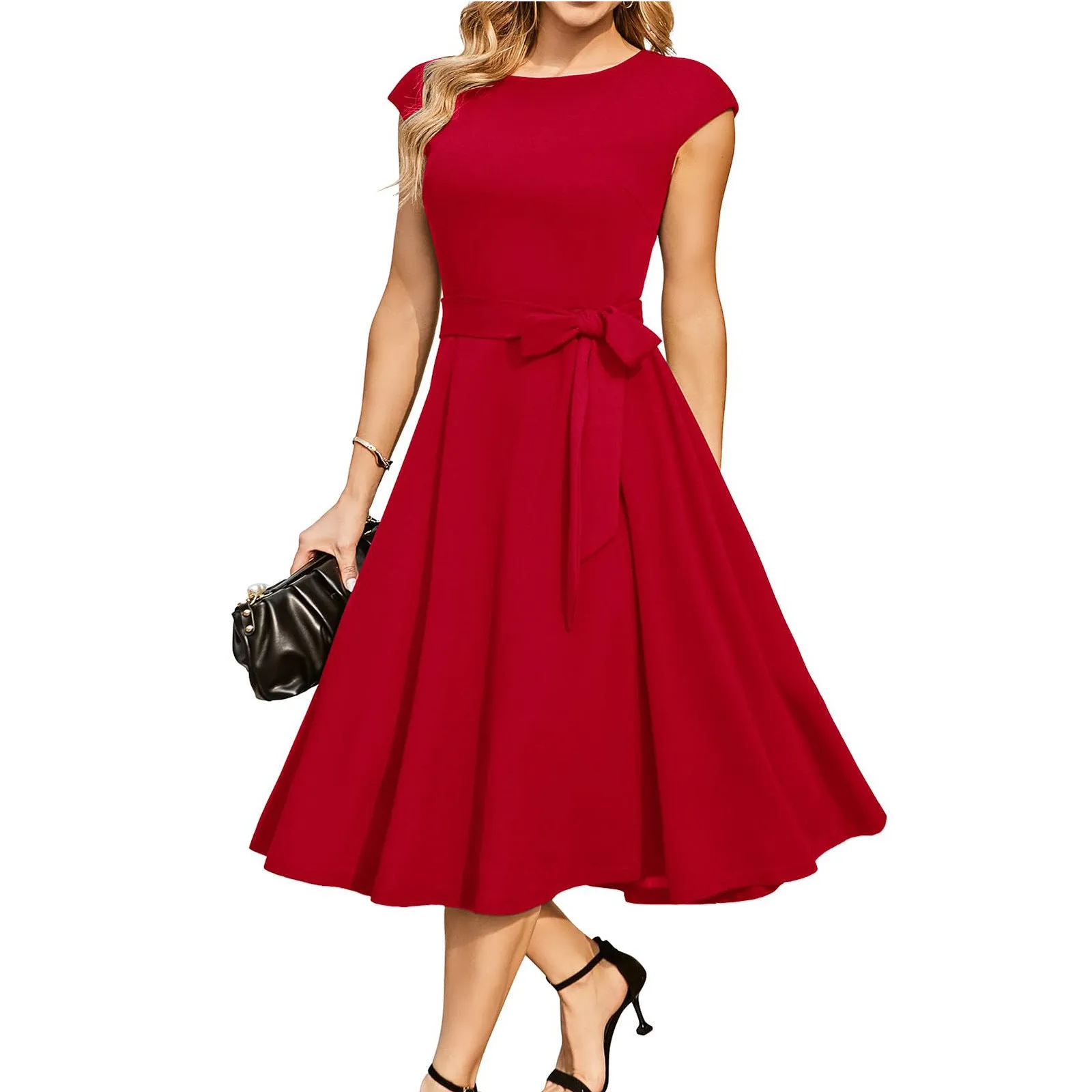 Sleeveless black party dress with lace-up waist detail and oversized swing skirt mid-length design
