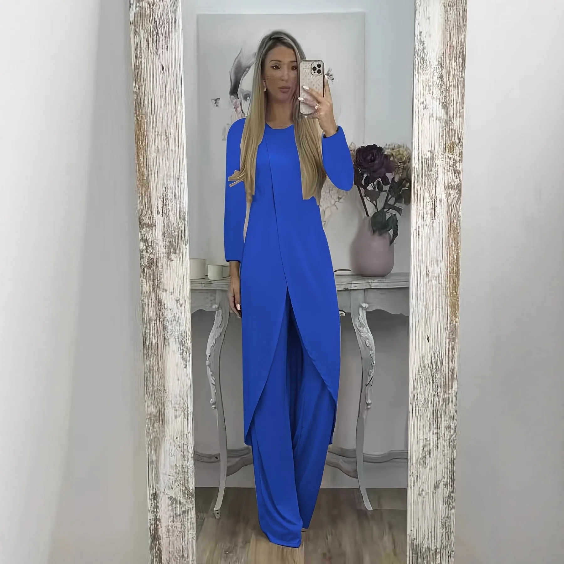 Women's casual long sleeve round neck top and loose trousers lounge set in khaki