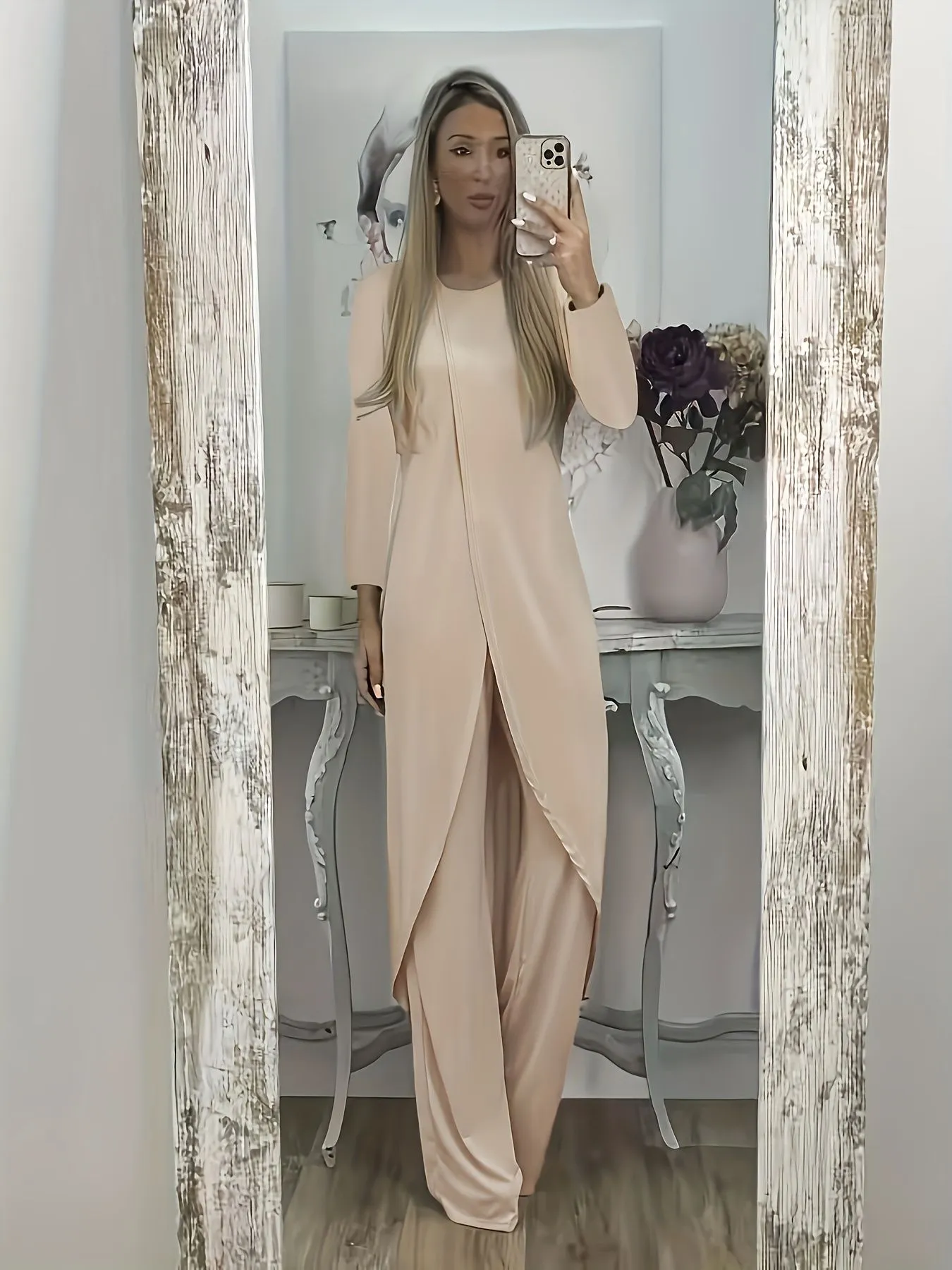 Women's casual long sleeve round neck top and loose trousers lounge set in khaki