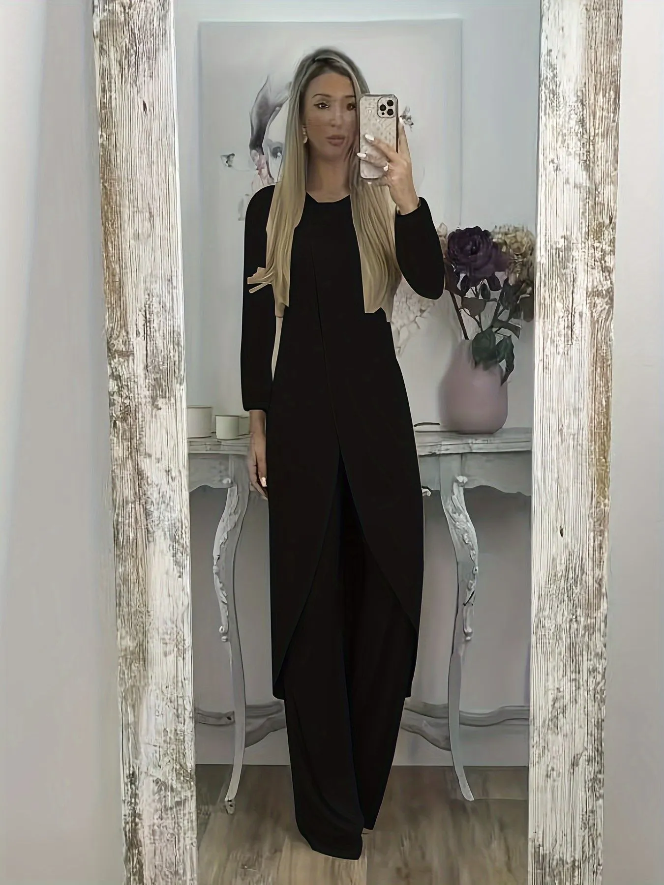 Women's casual long sleeve round neck top and loose trousers lounge set in khaki