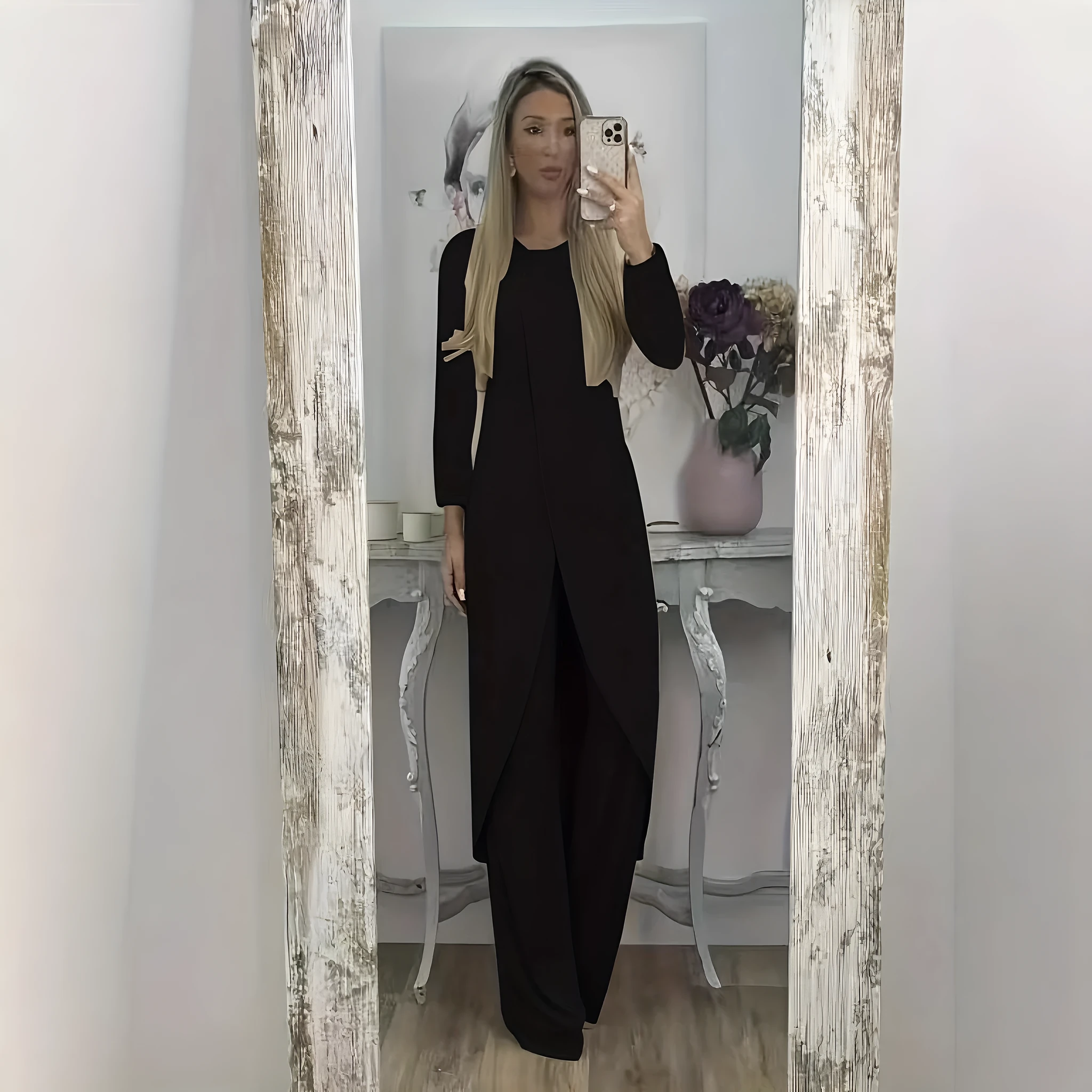 Women's casual long sleeve round neck top and loose trousers lounge set in khaki