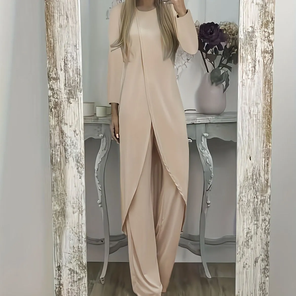 Women's casual long sleeve round neck top and loose trousers lounge set in khaki