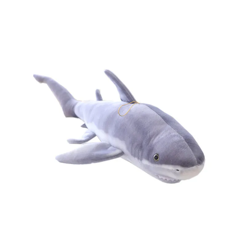 Lifelike soft shark plush toy in shark colour, available in 60cm, 100cm, and 140cm heights, net pocket packaging