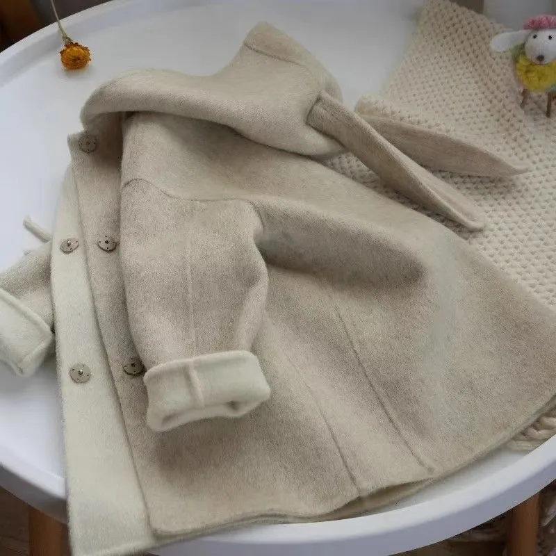 Children's autumn winter beige woolen coat with rabbit ear collar long sleeve mid-length polyester fibre