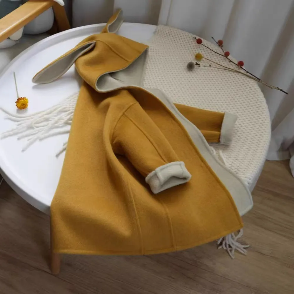 Children's autumn winter beige woolen coat with rabbit ear collar long sleeve mid-length polyester fibre