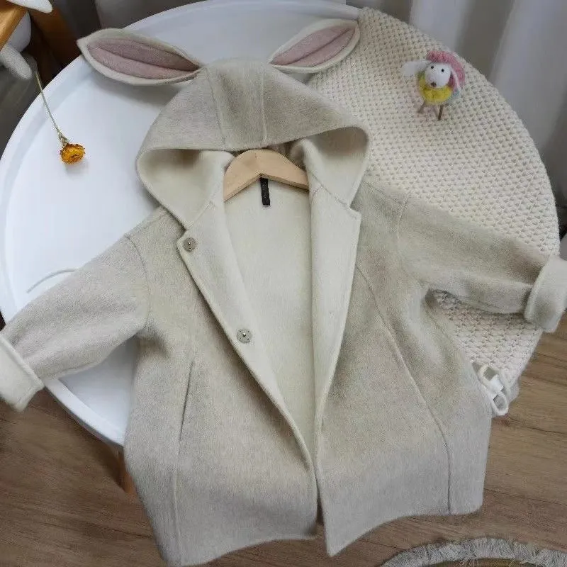 Children's autumn winter beige woolen coat with rabbit ear collar long sleeve mid-length polyester fibre
