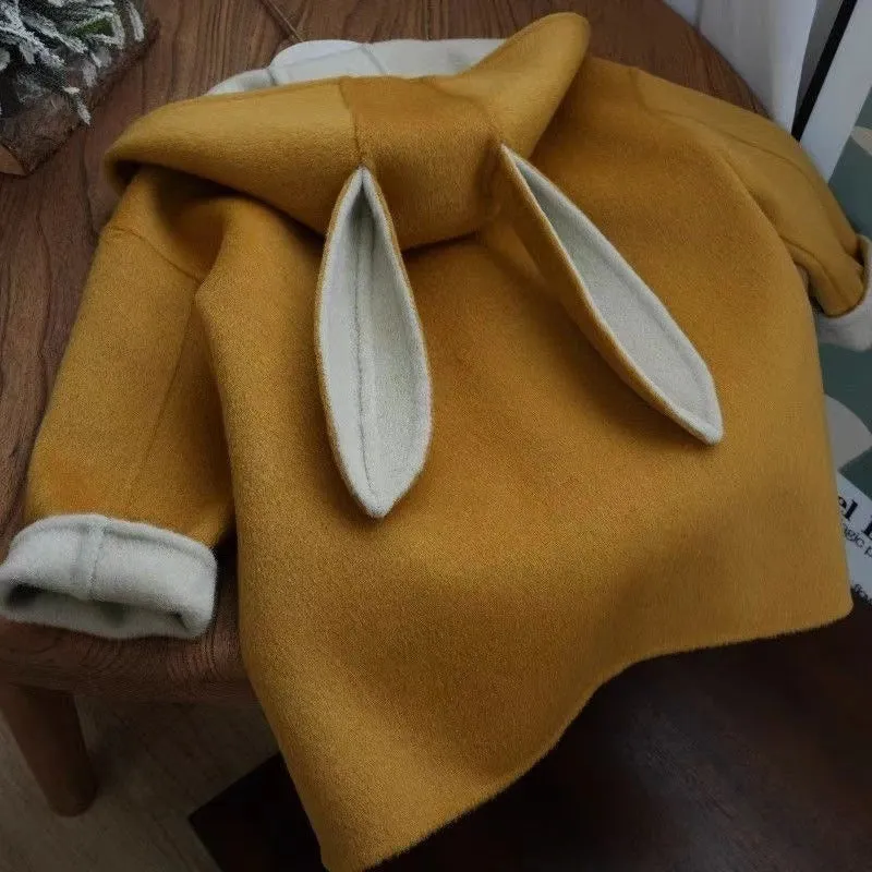 Children's autumn winter beige woolen coat with rabbit ear collar long sleeve mid-length polyester fibre
