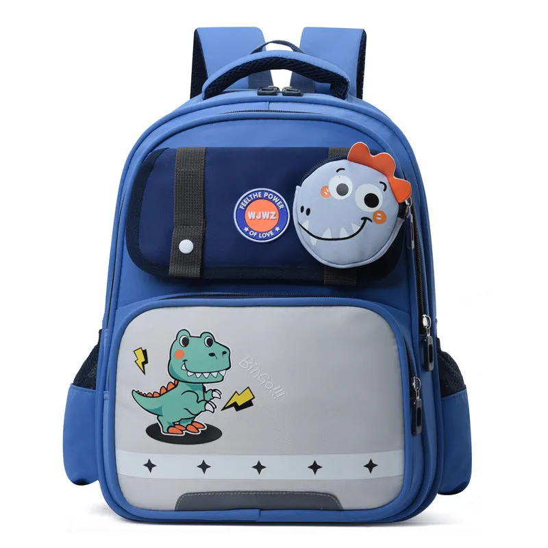 Dinosaur print lightweight nylon schoolbag for grade 1-2 with spine protection and air pillow belt, available in multiple colours