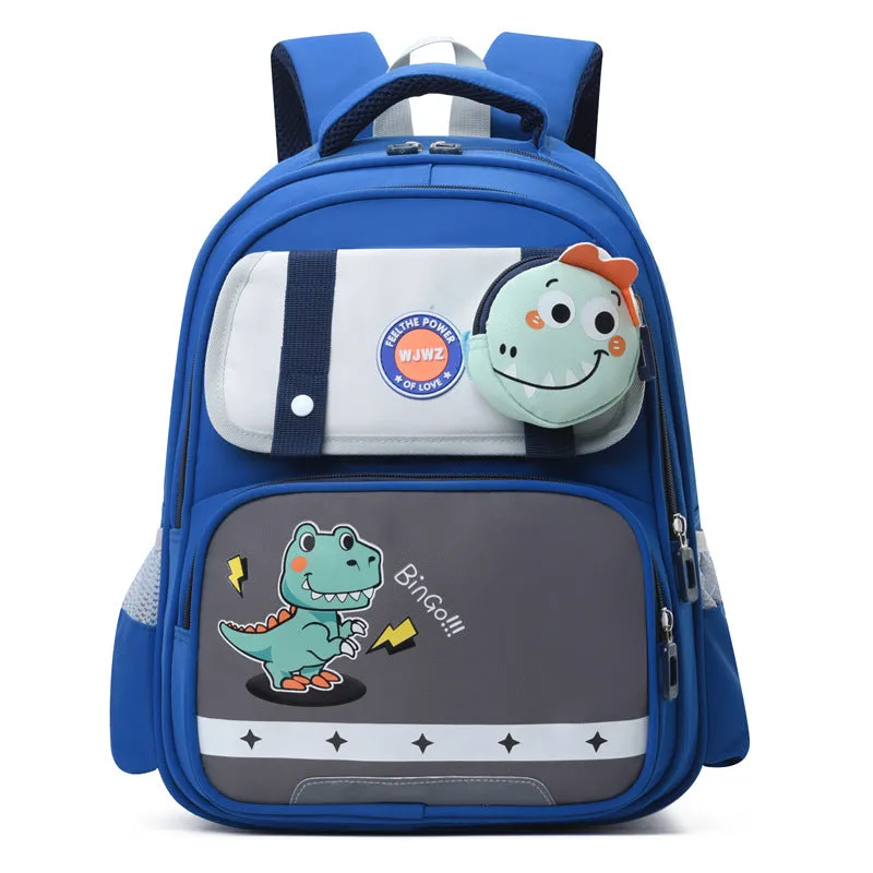 Dinosaur print lightweight nylon schoolbag for grade 1-2 with spine protection and air pillow belt, available in multiple colours