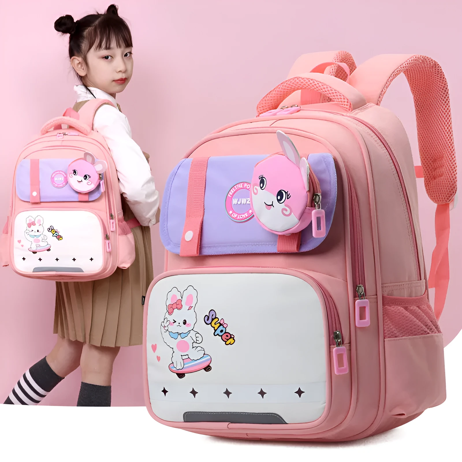 Dinosaur print lightweight nylon schoolbag for grade 1-2 with spine protection and air pillow belt, available in multiple colours