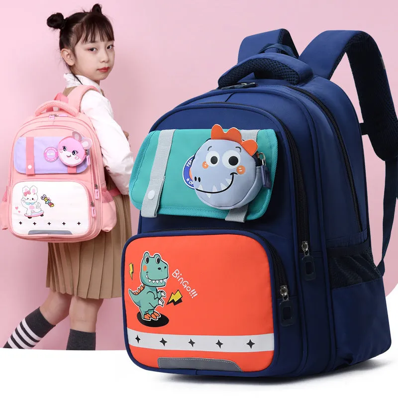 Dinosaur print lightweight nylon schoolbag for grade 1-2 with spine protection and air pillow belt, available in multiple colours