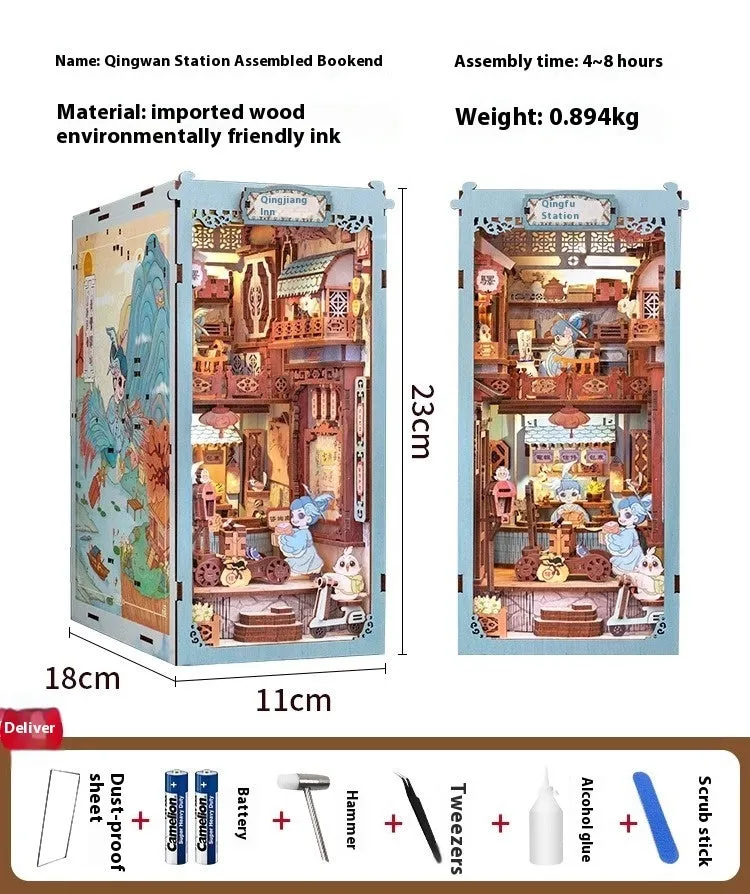CuteBeediy Green Bamboo Bookstore wooden 3D hand-assembled book stand model with flashing lights on a wooden surface