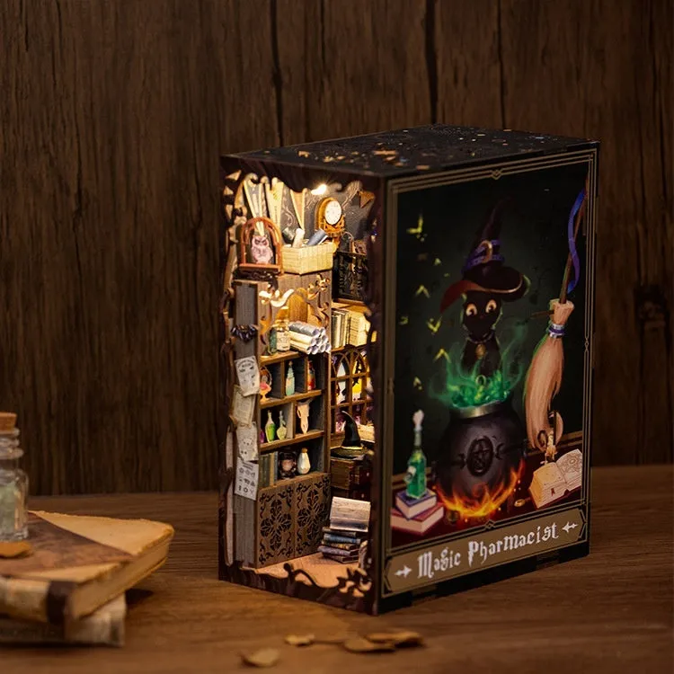 CuteBeediy Green Bamboo Bookstore wooden 3D hand-assembled book stand model with flashing lights on a wooden surface