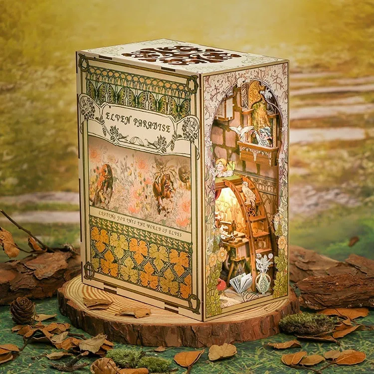 CuteBeediy Green Bamboo Bookstore wooden 3D hand-assembled book stand model with flashing lights on a wooden surface